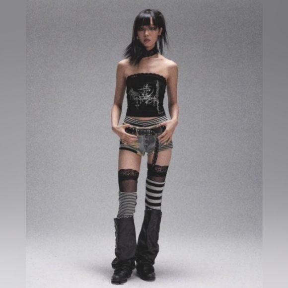 Striped Leg Warmers Black Silver Knee to thigh  high - Picture 1 of 2